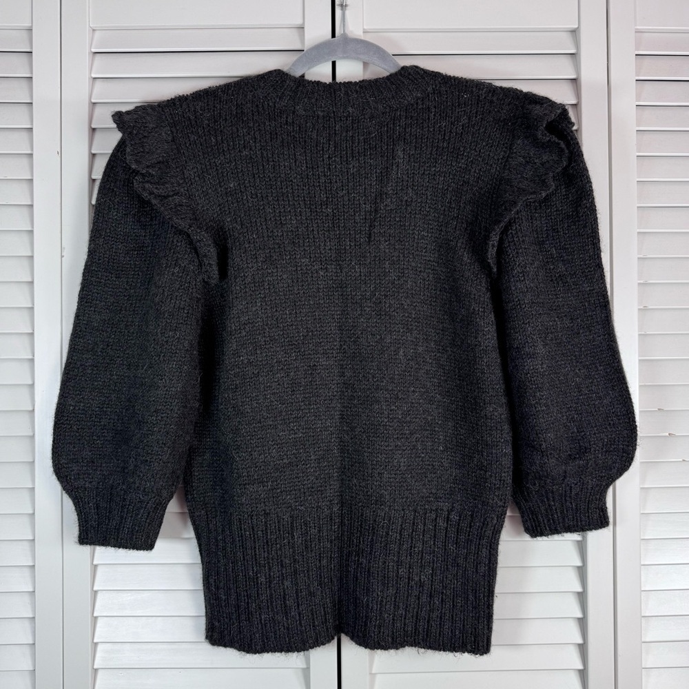 St. Roche Alpaca Ruffle Pointelle Sweater Charcoal 3/4 Balloon Sleeves Medium - Picture 7 of 9